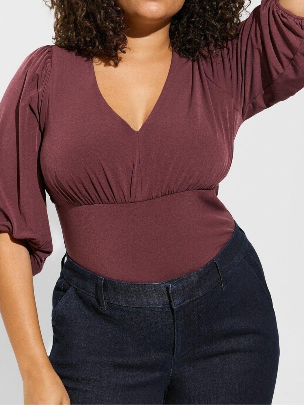 torrid Mauve Studio Knit V-Neck Quarter Sleeve Shirred Top